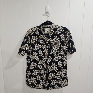 Mens Floral Short Sleeve Button Down Shirt Black White Sz L Summer, Vacation,